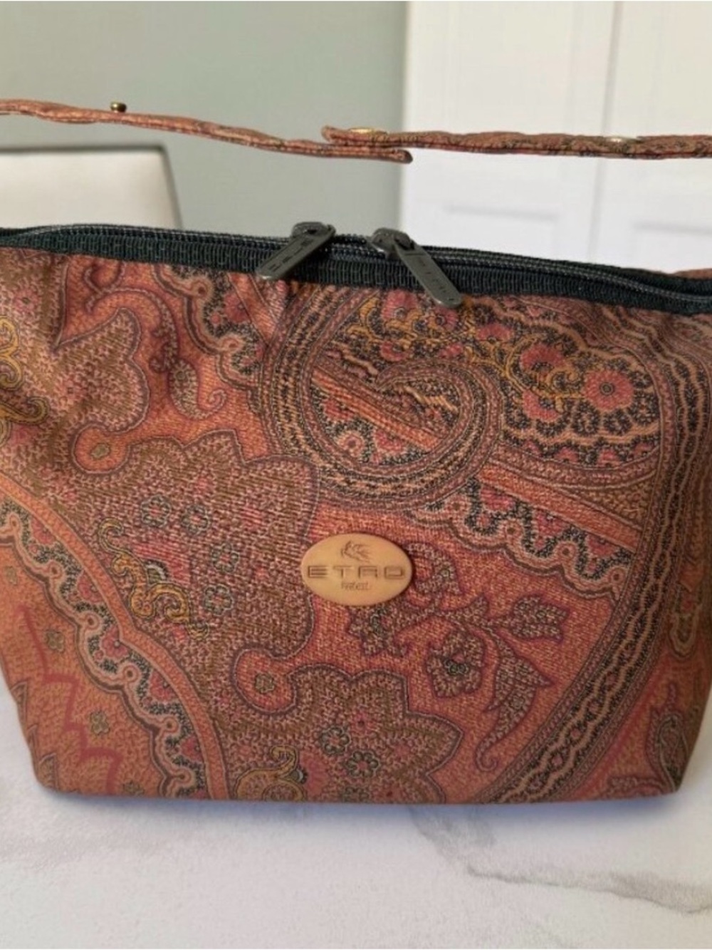 Etro Peach Paisley Cosmetic Pouch with Green Zip